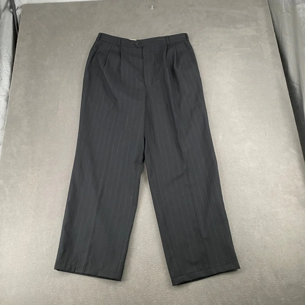Mens Pinstripe Pleated Front Straight Leg Dress Pants Charcoal Black 32x29